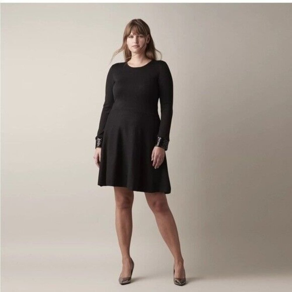 Jason Wu Women's Sequin Fit & Flare Shift Sweater Dress Long Sleeve Black SZ XL